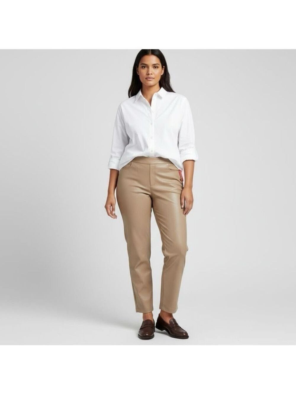 Spanx Vegan Leather Straight Cigarette Leg Pants Toffee Beige Sz XL